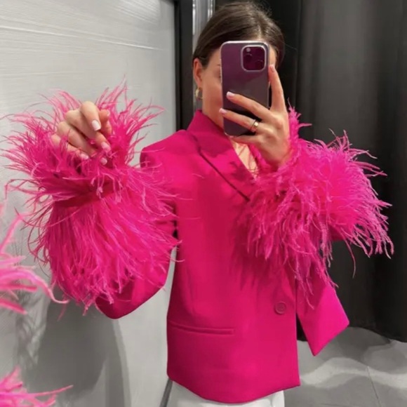 Zara short feather blazer neon fuchsia pink - Picture 5 of 16